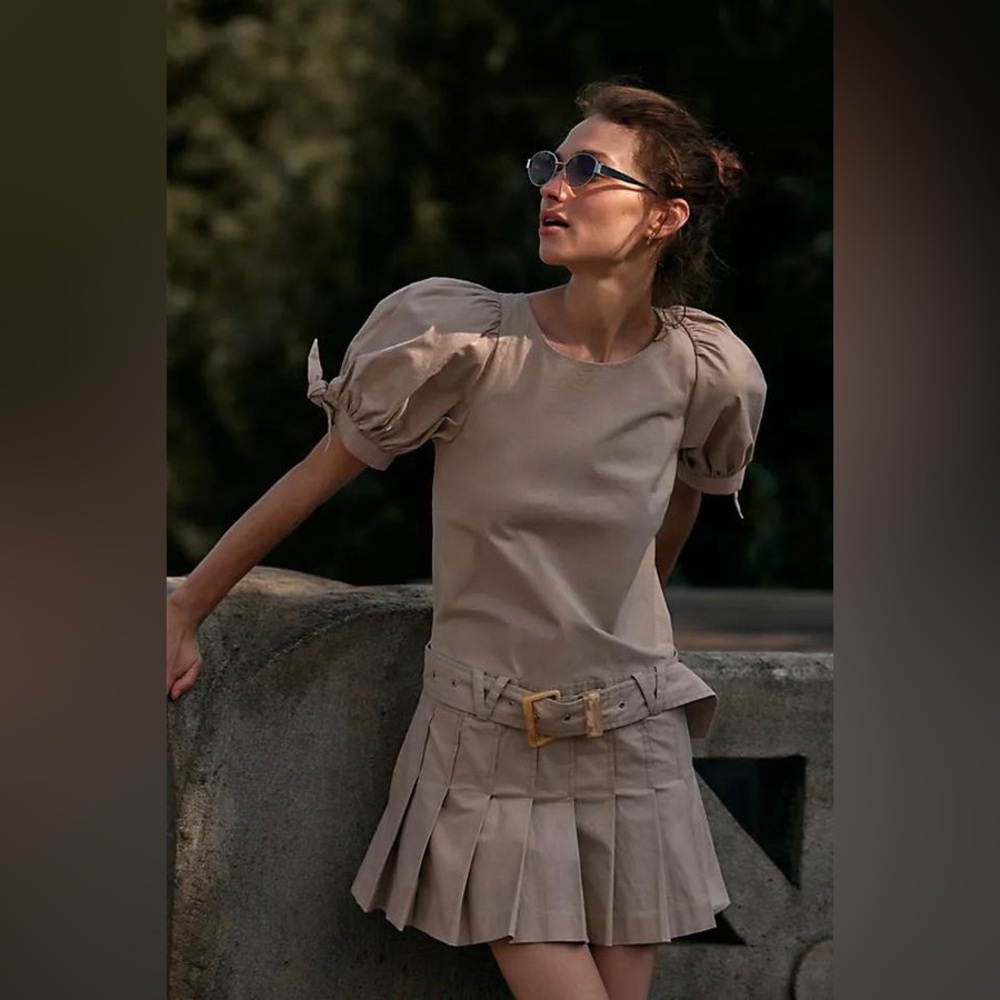 NWOT Free People Sevi Puff Sleeved Belted Pleated Mini Dress in French Oak